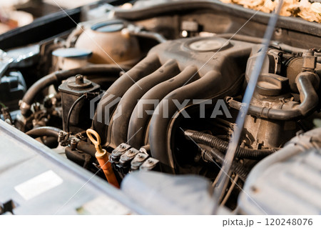 Close-up View of an Automotive Engine Exposed in a Car's Hood Close-up View of an Automotive Engine Exposed in a Car's Hood 120248076