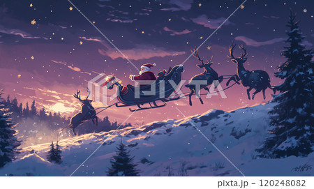 クリスマスの夜のサンタとトナカイのイラスト 120248082