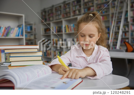 Little preschool girl child studying at library over bookshelves background Little preschool girl child studying at library over bookshelves background 120248291