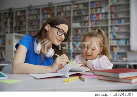 Young woman tutor teaching little girl to read in public library Young woman tutor teaching little girl to read in public library 120248307