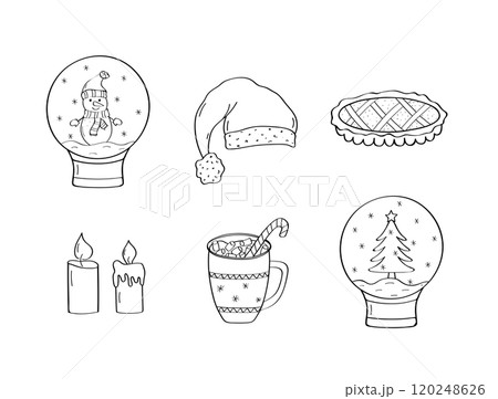Christmas clipart set. Vector illustration of doodle icons. Hand drawn design elements candles, hot chocolate, cake, hat and glass balls. 120248626