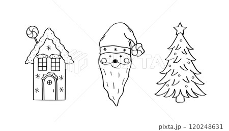 Christmas tree, cartoon Santa Claus and gingerbread house. Vector illustration of doodle icons. 120248631