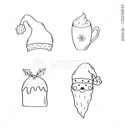 Christmas cartoon Santa, hat, festive pie, hot chocolate. Vector illustration of doodle icons. 120248632