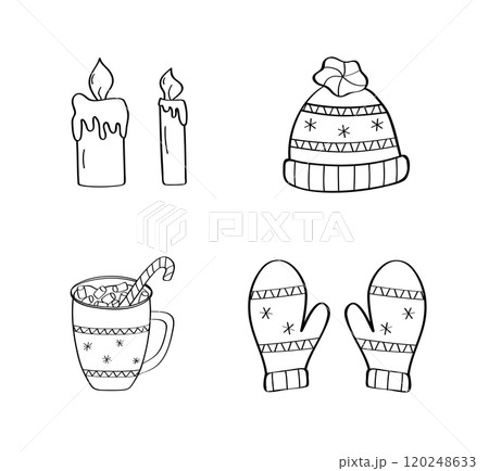 Warm winter mittens and a hat, hot chocolate and candles. Vector illustration of Christmas doodle icons. 120248633