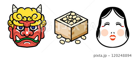 豆まきのお面にも使える鬼とおたふくの節分イラストセット 120248894