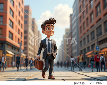 A young businessman walks confidently through a bustling city street on a sunny day, showcasing ambition and determination 120249078