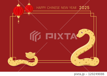 New year border frame in red and gold colors with a snake and chinese lanterns. Symbol of the year 2025. Lunar new year of the snake cute vector illustration. Design of background, card, calendar New year border frame in red and gold colors with a snake and chinese lanterns. Symbol of the year 2025. Lunar new year of the snake cute vector illustration. Design of background, card, calendar 120249086