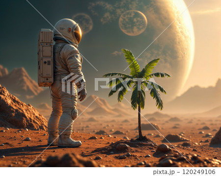 An astronaut stands on a distant planet, observing a lone palm tree under the glow of two large moons in the background An astronaut stands on a distant planet, observing a lone palm tree under the glow of two large moons in the background 120249106