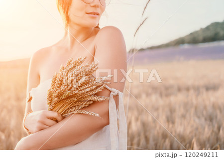 Woman wheat field. Agronomist, Woman farmer check golden ripe barley spikes in cultivated field. A woman is holding a bunch of wheat in her arms. Woman wheat field. Agronomist, Woman farmer check golden ripe barley spikes in cultivated field. A woman is holding a bunch of wheat in her arms. 120249211
