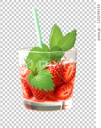 Strawberry Mint Cooler with fresh strawberries and mint leaves, vibrant red and green hues, isolated Strawberry Mint Cooler with fresh strawberries and mint leaves, vibrant red and green hues, isolated 120249319