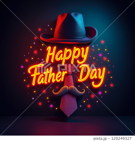 A festive display of a hat and tie with vibrant neon lights celebrating Father's Day in a playful and colorful way 120249327