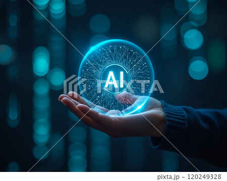 A person holds a glowing blue sphere with AI letters, symbolizing technology and innovation in a modern digital environment 120249328