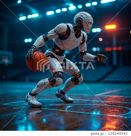 A futuristic robotic player dribbling a basketball on a brightly lit court during an evening game A futuristic robotic player dribbling a basketball on a brightly lit court during an evening game 120249341