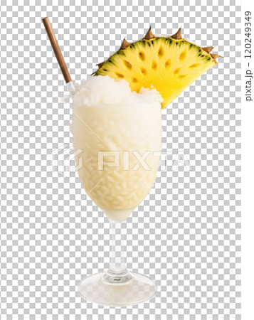 Frozen Pina Colada with rum, pineapple, coconut, and crushed ice, creamy white and yellow tones, isolated 120249349
