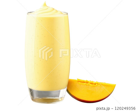 Refreshing Mango Lassi with a smooth texture, vibrant yellow and white tones, isolated on transparent background, dynamic moti 120249356