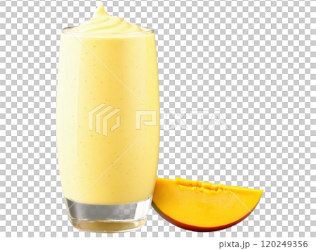 Refreshing Mango Lassi with a smooth texture, vibrant yellow and white tones, isolated on transparent background, dynamic moti 120249356