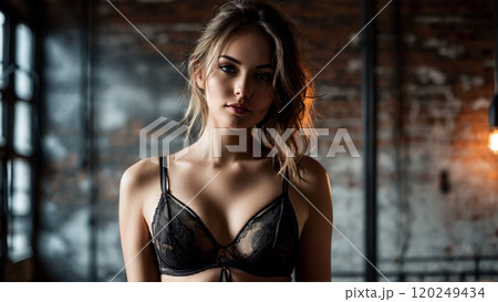 Woman black lingerie with strappy details edgy and modern industrial loft setting low key lighting 120249434