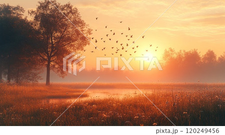 Golden Sunrise over Serene Meadow 120249456