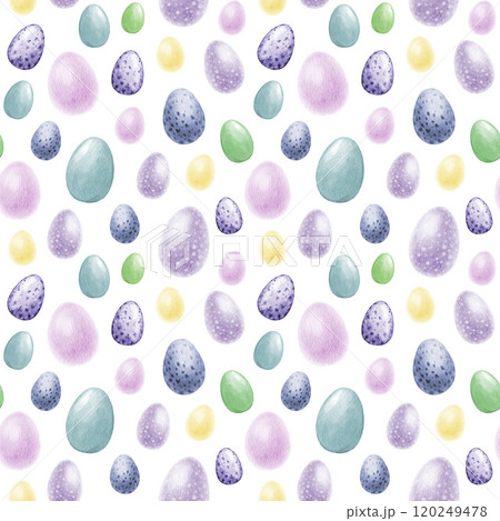 Easter pastel colored eggs hand painted seamless pattern on white background. Perfect for Easter spring decor, backgrounds, gift wrap, holiday projects. Soft, charming design for seasonal creativity 120249478