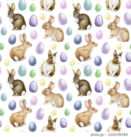 Cute bunnies colorful painted eggs Easter seamless pattern on white background. Hand drawn illustration. Perfect for spring mood decor, Easter backgrounds, gift wrap, holiday-themed festive designs 120249480