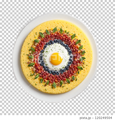 Breakfast polenta mandala a circular pattern of creamy breakfast polenta with toppings and garnishes 120249504