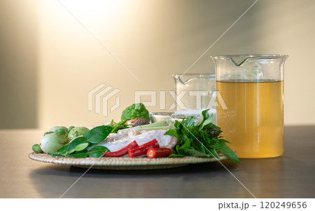 The ingredients, including chicken wings, chilli, kaffir lime leaves and lemongrass, are prepared to be cooked for a famous thai dish, Green Curry. The ingredients, including chicken wings, chilli, kaffir lime leaves and lemongrass, are prepared to be cooked for a famous thai dish, Green Curry. 120249656