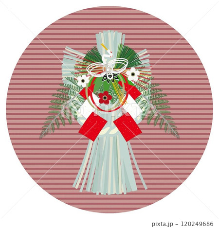 円形飾り背景のついた注連飾りのイラスト 120249686