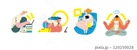 Creative workspace, modern flat vector concept illustration of a person working with a computer Remote work, flexibility, independence, efficiency, mobility, synergy, freedom Creative workspace, modern flat vector concept illustration of a person working with a computer Remote work, flexibility, independence, efficiency, mobility, synergy, freedom 120250028