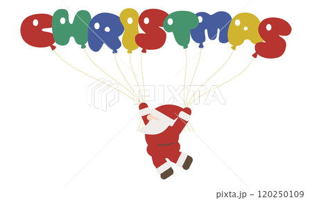 CHRISTMASの風船を持って飛んでいるかわいい横顔のサンタクロース 120250109