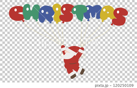 CHRISTMASの風船を持って飛んでいるかわいい横顔のサンタクロース 120250109