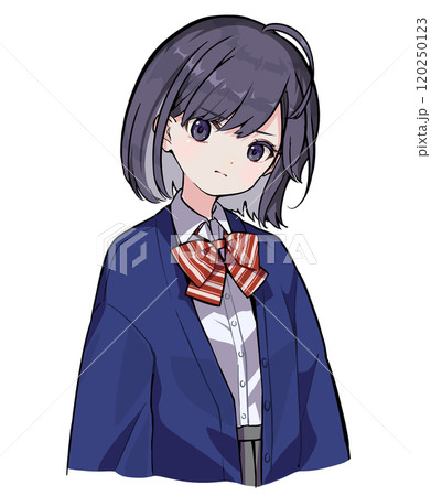 制服を着て訝しむ黒髪ボブカットの女性のバストアップイラスト 120250123