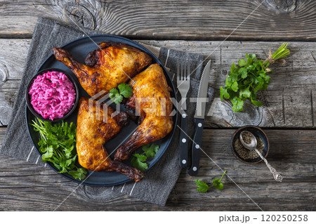 roast chicken leg quarters with a beetroot salad roast chicken leg quarters with a beetroot salad 120250258