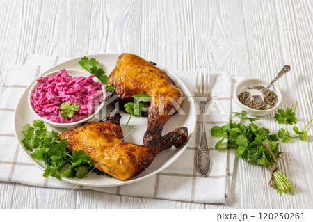 roast chicken leg quarters with a beetroot salad roast chicken leg quarters with a beetroot salad 120250261