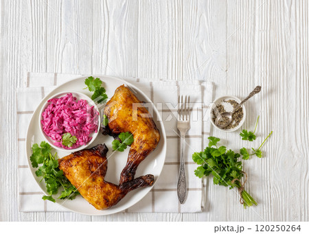 roast chicken leg quarters with a beetroot salad 120250264