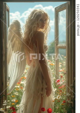 A Stunning and Enchanting Angelic Figure Standing Gracefully in a Beautiful Flower Field A Stunning and Enchanting Angelic Figure Standing Gracefully in a Beautiful Flower Field 120250341
