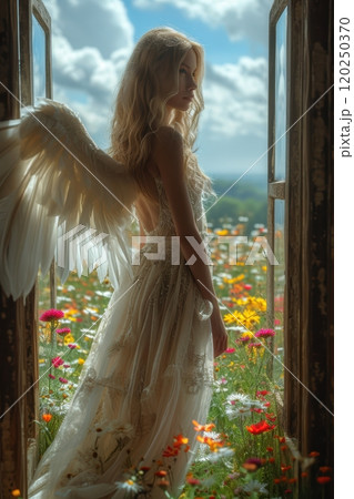 A stunning and enchanting angelic figure stands gracefully in a vibrant flowerfilled landscape A stunning and enchanting angelic figure stands gracefully in a vibrant flowerfilled landscape 120250370