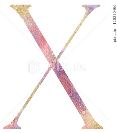 Light pink watercolor letter X with golden splashes, romantic wedding isolated monogram initials 120250466