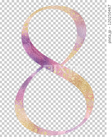 Light pink watercolor number 8 with golden splashes, romantic pastel wedding isolated illustration 120250467