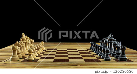 Wooden chess pieces standing on chessboard 120250550