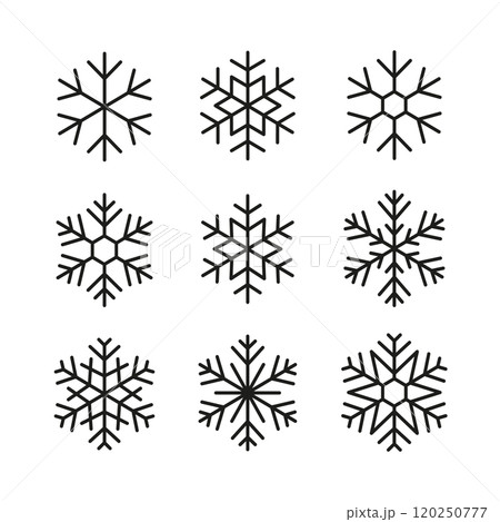 Set of snowflakes icon, black outline on a white background. Frost or cold weather symbol, Christmas and New Year decoration. 120250777