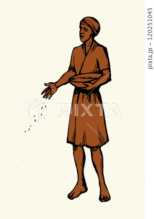 Vector drawing. A man sowing wheat 120251045