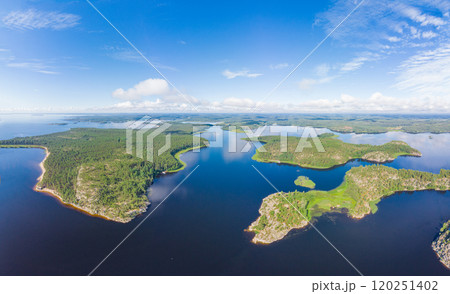 Aerial top view to island Kilpola overgrown with sparse trees in summer sunny day. Skerries Ladoga lake consisting of 650 rocky islands and steep cliffs. National park, Karelia, Russian nature. 120251402