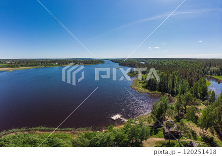 Aerial top view to island in summer evening during white nights. Vuoksa lake river and channels system leaking in Finland and Russia flowing into Ladoga. Romashki village, Leningrad region, karelia. Aerial top view to island in summer evening during white nights. Vuoksa lake river and channels system leaking in Finland and Russia flowing into Ladoga. Romashki village, Leningrad region, karelia. 120251418