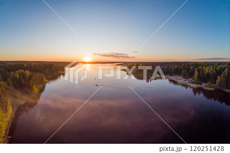 Aerial top view to island in summer evening during white nights. Vuoksa lake river and channels system leaking in Finland and Russia flowing into Ladoga. Romashki village, Leningrad region, karelia. Aerial top view to island in summer evening during white nights. Vuoksa lake river and channels system leaking in Finland and Russia flowing into Ladoga. Romashki village, Leningrad region, karelia. 120251428