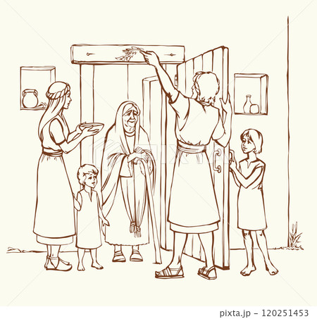 Vector drawing. The family fulfills God's command. Anoints the doorposts with the blood of the lamb Vector drawing. The family fulfills God's command. Anoints the doorposts with the blood of the lamb 120251453