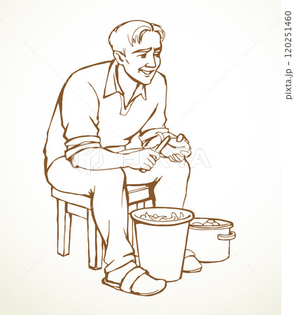 Vector drawing. A man peels potatoes 120251460