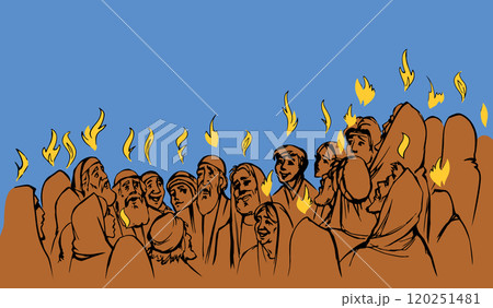 Vector drawing. Pentecost day. Many people came together for praying 120251481