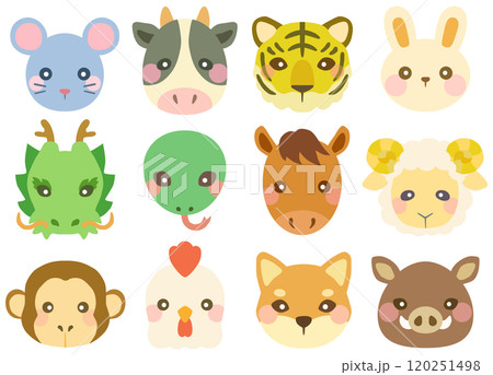 かわいい十二支のイラストセット 顔 正面 ベクター素材 120251498