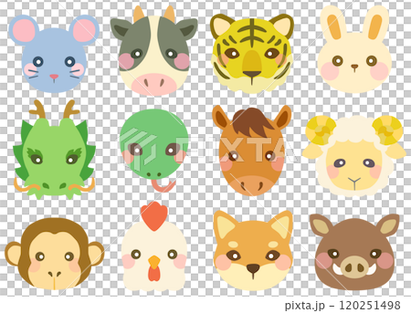かわいい十二支のイラストセット 顔 正面 ベクター素材 120251498
