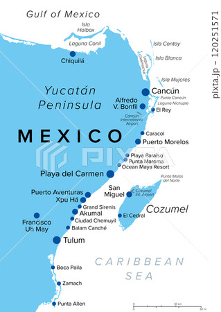 Riviera Maya in Mexico, political map, with Cancun, a city on the Yucatan Peninsula coast, north of the Mayan Riviera. Caribbean coast resort with the island Cozumel in the east of Playa del Carmen. Riviera Maya in Mexico, political map, with Cancun, a city on the Yucatan Peninsula coast, north of the Mayan Riviera. Caribbean coast resort with the island Cozumel in the east of Playa del Carmen. 120251571
